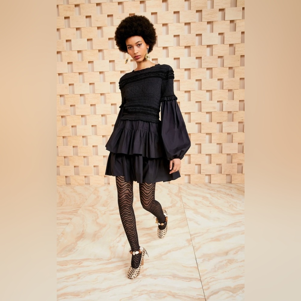 Ulla Johnson Black Tiered Mini Dress with Balloon Sleeves
